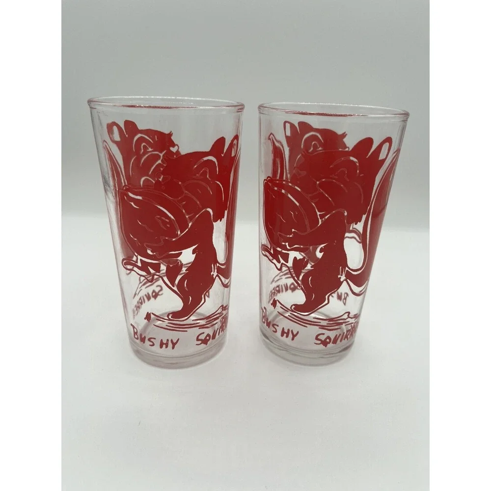 Vintage Blue Plate Peanut Butter 10 oz Glass Red Bushy Squirrel Tumblers 1950s